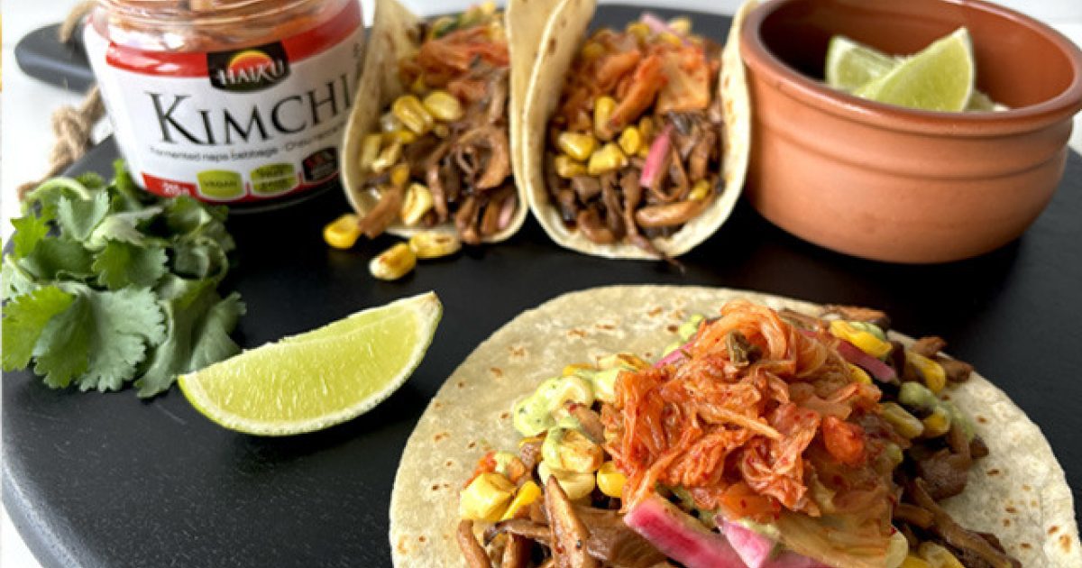 Kimchi Topped Shredded Mushroom Tacos | Haiku