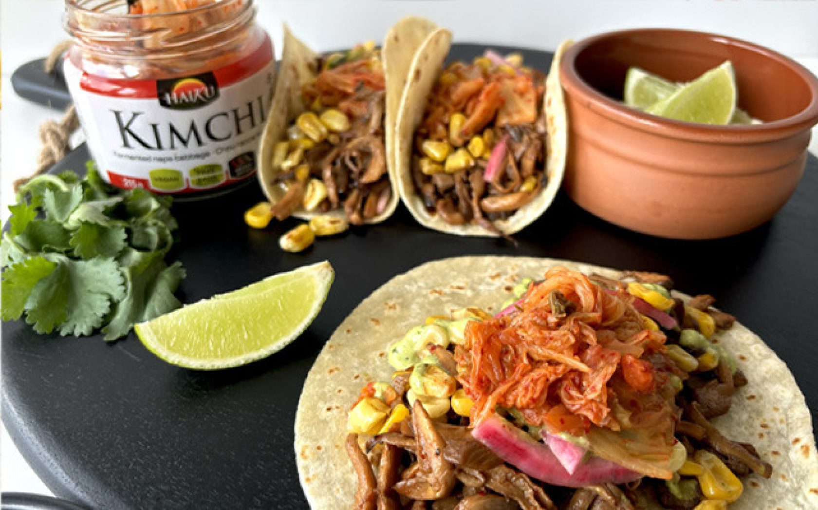 Kimchi Topped Shredded Mushroom Tacos