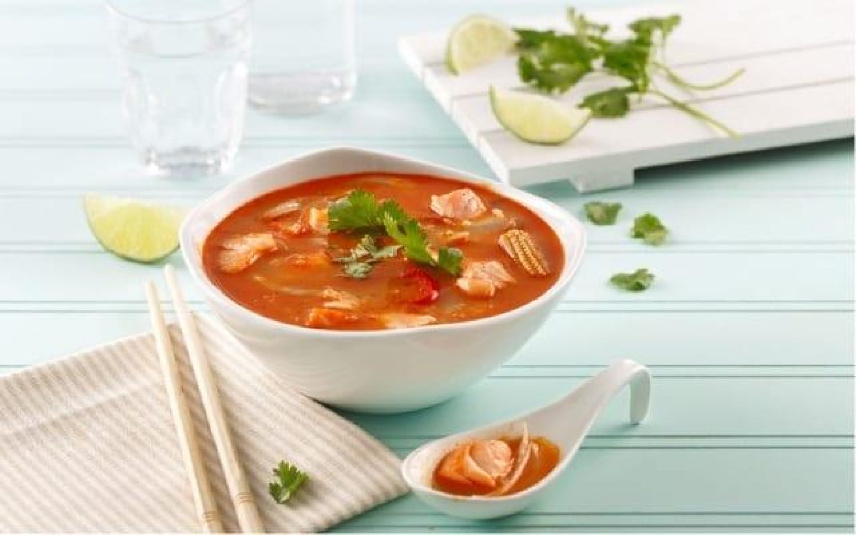 Tom Yum soup with salmon and fennel