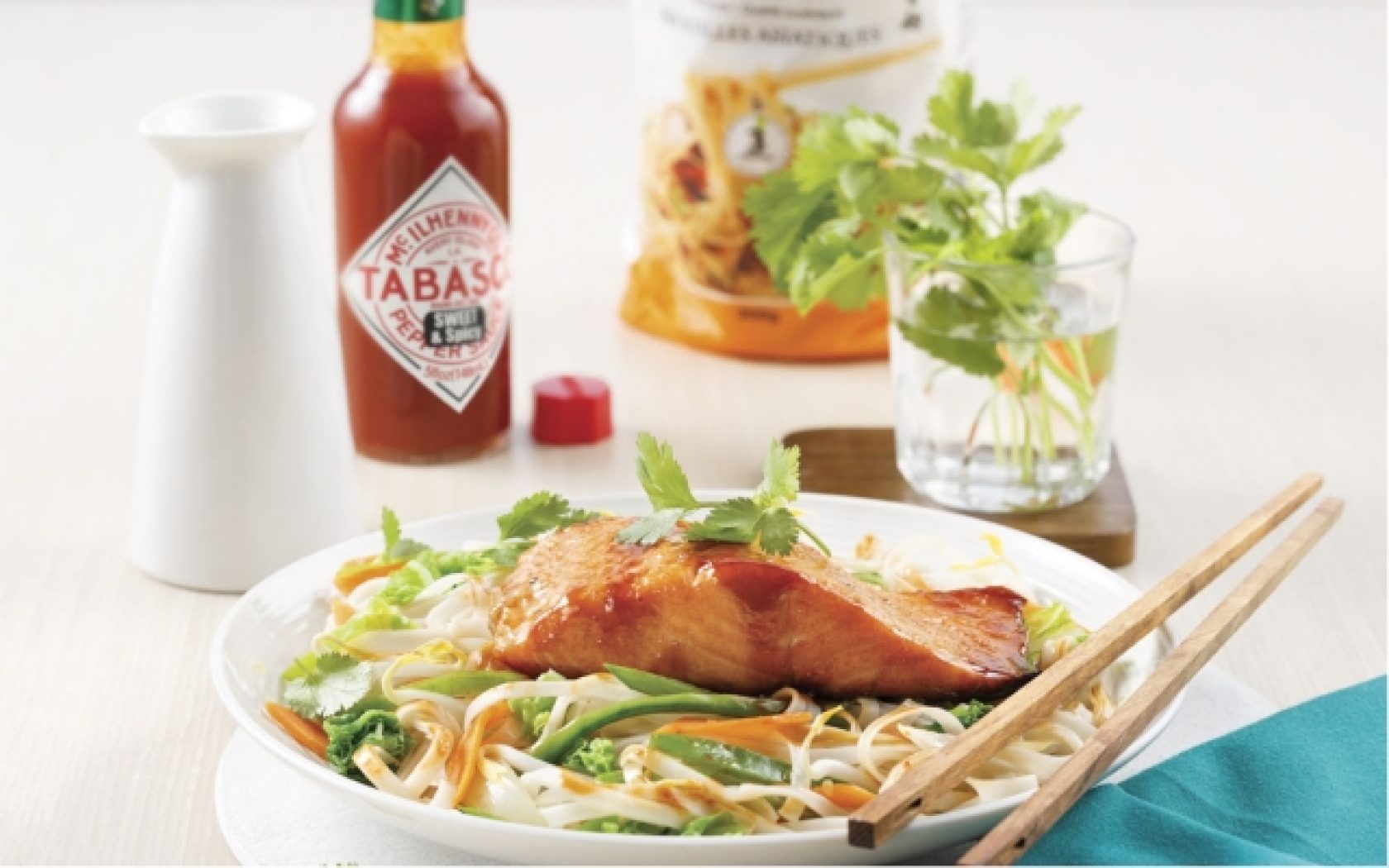 Spicy honey salmon on Asian noodles