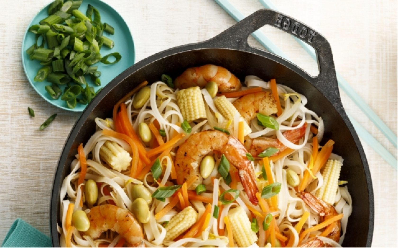 Shrimp chop suey, noodles and Asian vegetables
